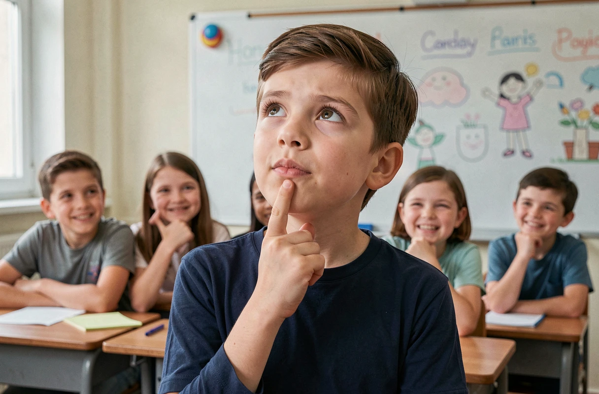 Garçon cherchant trois mots qui riment avec son prénom en classe