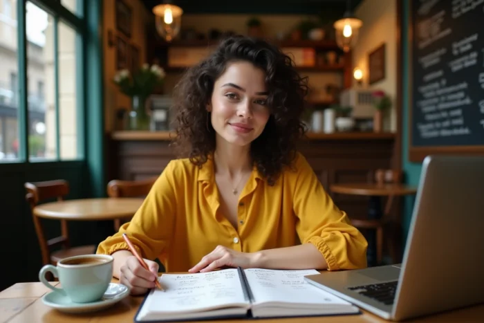 Jeune femme prenant des notes sur un guide de recommandations littéraires étoilées dans un café parisien, en lien avec FranceLecture et Atom News