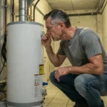 Homme détectant une odeur d'essence près d'un chauffe-eau à gaz dans une cave résidentielle