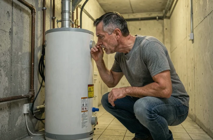 Homme détectant une odeur d'essence près d'un chauffe-eau à gaz dans une cave résidentielle