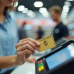 Femme payant avec une carte American Express sur un terminal de paiement dans un supermarché Carrefour
