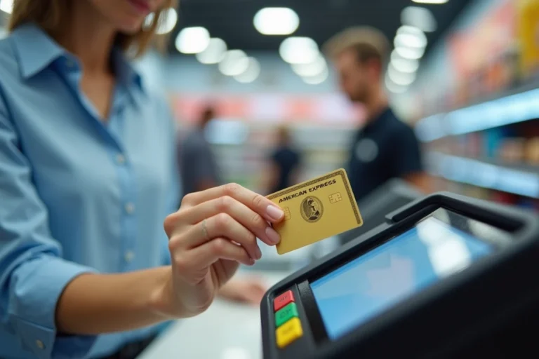 Femme payant avec une carte American Express sur un terminal de paiement dans un supermarché Carrefour