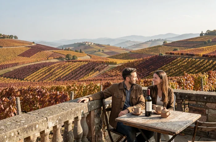 Vista panoramica sui vigneti di Nebbiolo in autunno da una terrazza in pietra vicino a Pietra d'Alba nel Piemonte