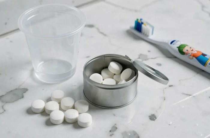 Boîte de pastilles Vichy ouverte avec des bonbons éparpillés sur un plan de salle de bain accessible à un enfant, soulignant les risques d'ingestion accidentelle