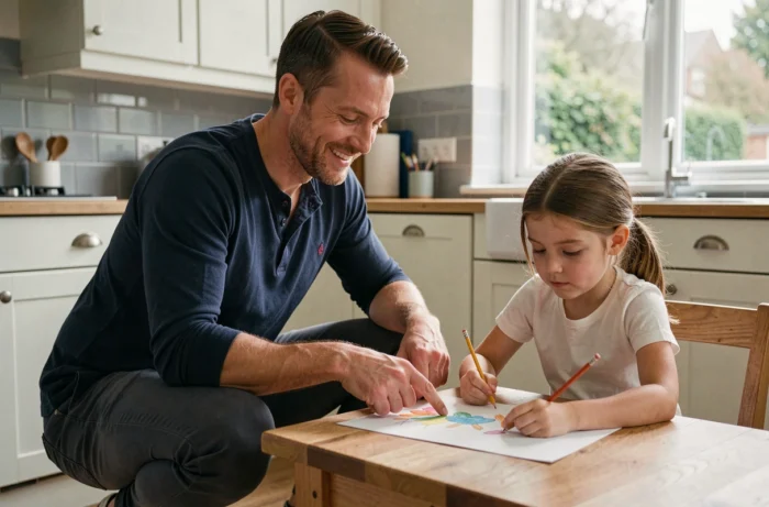 Père accompagnant sa fille dans une activité créative de dessin à la table de la cuisine, représentant l'implication parentale dans la vie quotidienne des enfants
