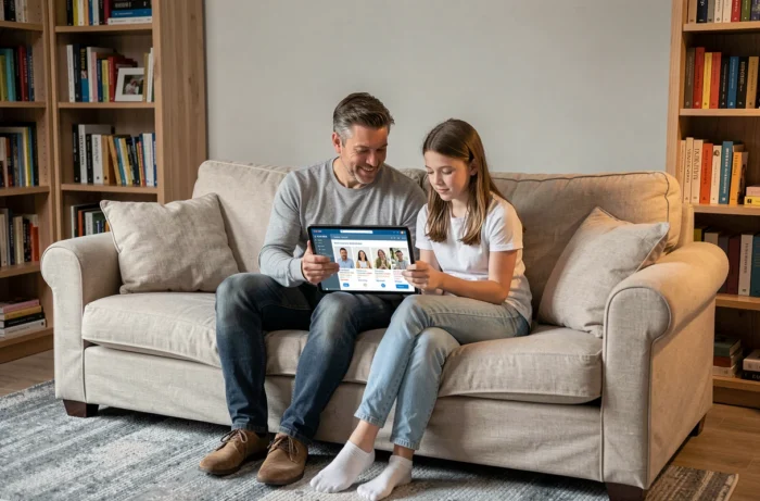 Père et adolescente recherchant des annonces familiales ensemble sur une tablette dans le salon