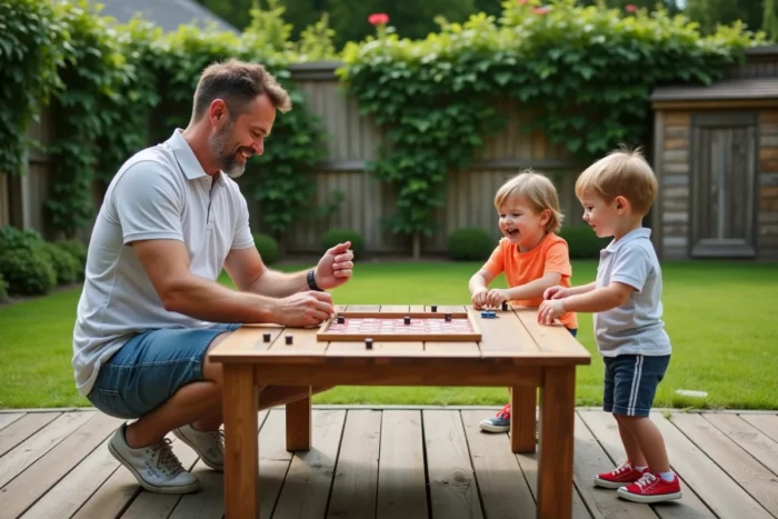 Père jouant à un jeu de société en plein air avec ses enfants sur une terrasse de jardin familiale