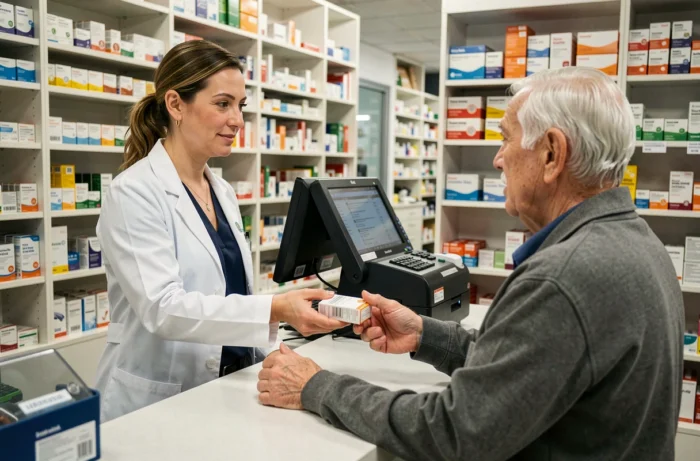 Uma farmacêutica explicando um tratamento medicamentoso a um paciente idoso no balcão de uma farmácia moderna