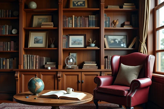 Bibliothèque personnelle chaleureuse avec livres de voyage et objets intimes, évoquant l'univers privé et cultivé de Philippe Gougler