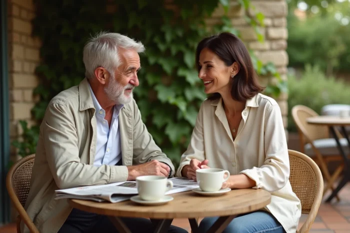 Couple élégant partageant un moment intime sur une terrasse de campagne française, évoquant la vie de couple discrète de Philippe Gougler et son épouse