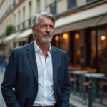 Portrait d'un homme élégant aux cheveux argentés dans une rue pavée parisienne, illustrant la vie personnelle de Philippe Gougler