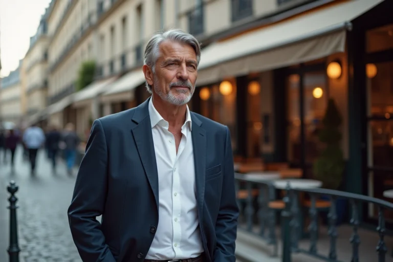 Portrait d'un homme élégant aux cheveux argentés dans une rue pavée parisienne, illustrant la vie personnelle de Philippe Gougler