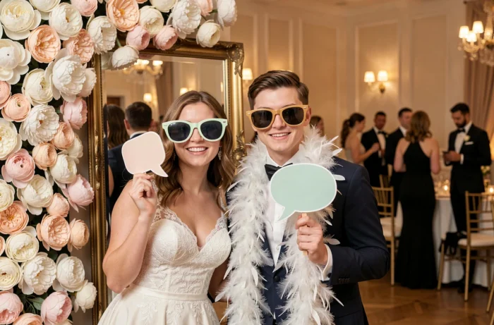 Couple de mariés s'amusant dans un photobooth floral avec accessoires lors d'une réception de mariage en salle
