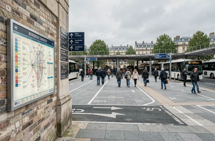 Vue large d'un pôle d'échanges de bus à Bordeaux avec panneau du plan de transports