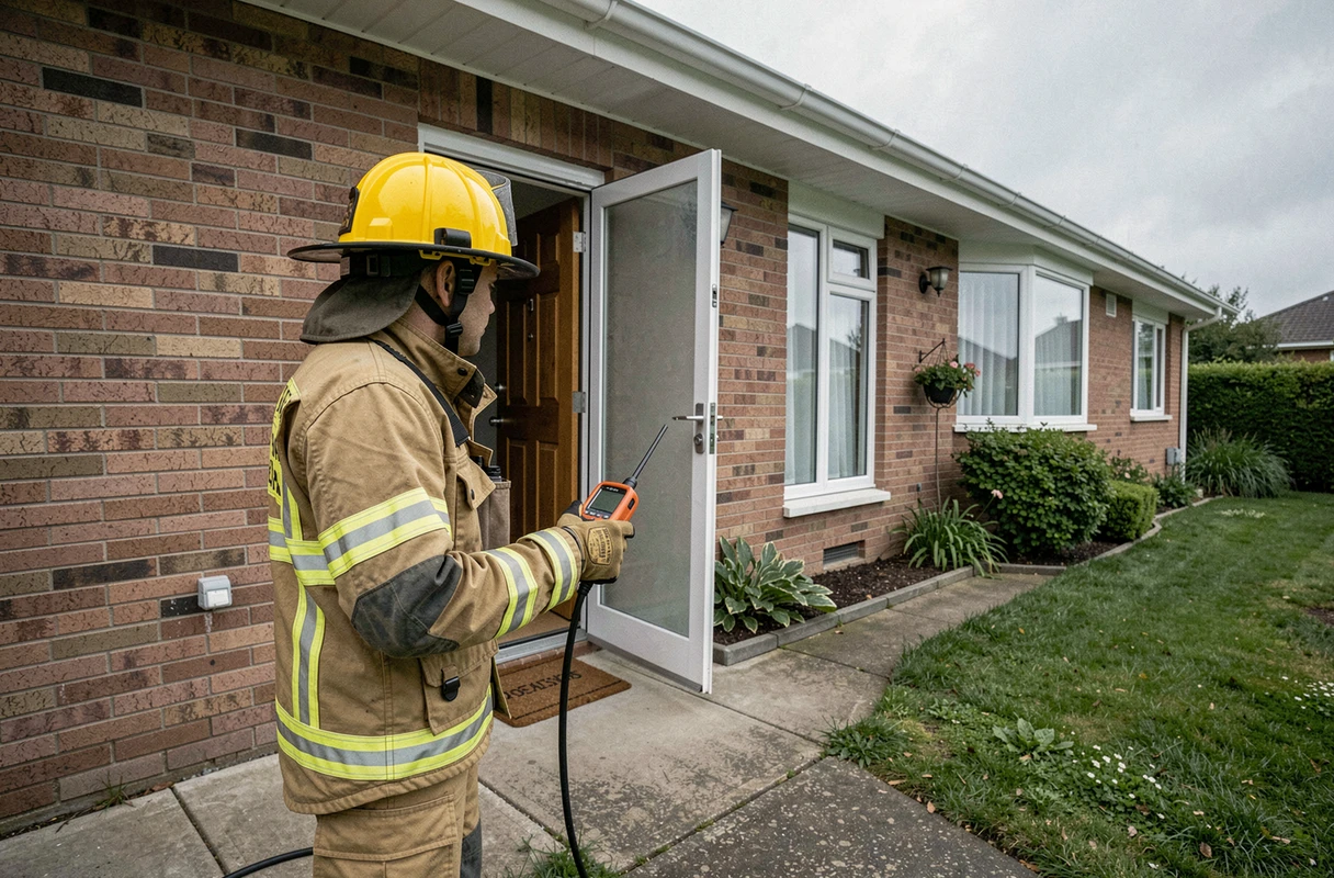 Pompier effectuant une vérification de fuite de gaz à l'entrée d'une maison avec un détecteur de gaz professionnel