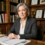 Portrait de femme journaliste française dans un bureau éditorial parisien avec livres et coupures de presse