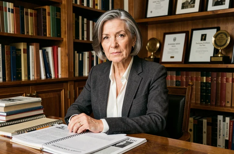 Portrait de femme journaliste française dans un bureau éditorial parisien avec livres et coupures de presse