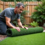 Homme posant du gazon synthétique dans un jardin en déroulant un rouleau de pelouse artificielle sur une base de gravier compacté