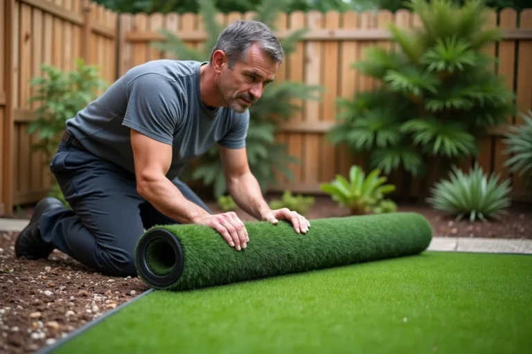 Homme posant du gazon synthétique dans un jardin en déroulant un rouleau de pelouse artificielle sur une base de gravier compacté