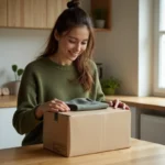 Jeune femme préparant un colis Vinted Go dans sa cuisine pour une livraison en 2026