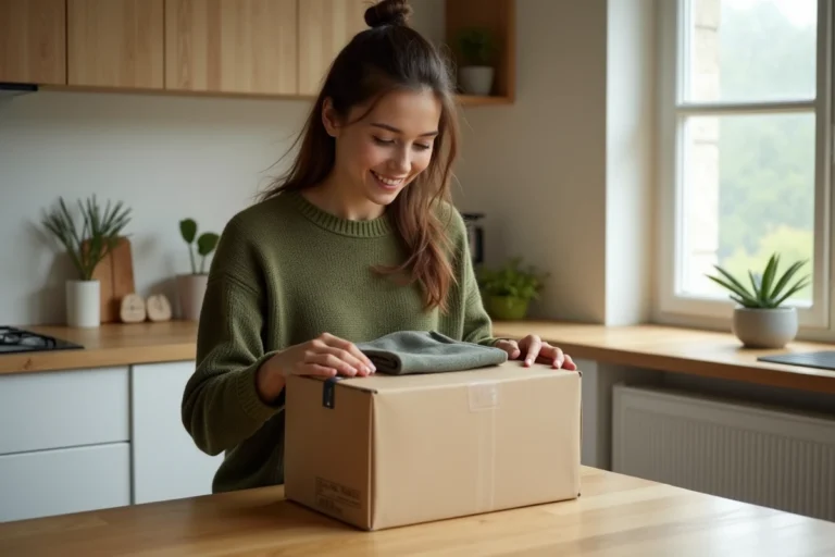 Jeune femme préparant un colis Vinted Go dans sa cuisine pour une livraison en 2026