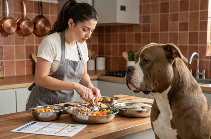Femme préparant un repas maison équilibré pour son chien American Bully avec des légumes et du poisson dans une cuisine moderne