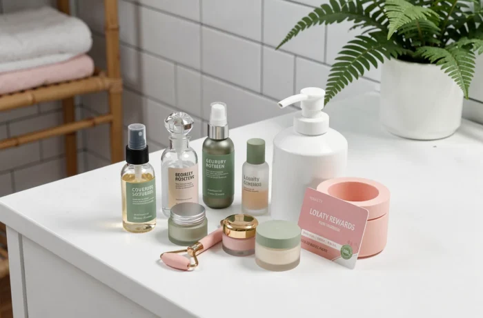 Produits de box beauté mensuelle organisés sur un plan de salle de bain avec carte fidélité et accessoires cosmétiques