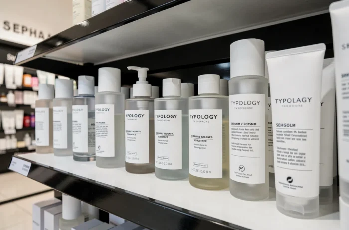 Typology products displayed on the shelves of a Sephora store with minimalist packaging and clean labels