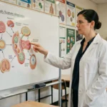 Professeure de biologie expliquant les mécanismes de la reproduction sexuée devant un tableau anatomique en salle de cours universitaire