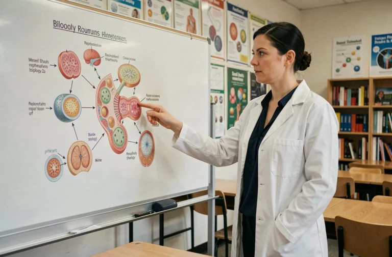 Professeure de biologie expliquant les mécanismes de la reproduction sexuée devant un tableau anatomique en salle de cours universitaire