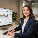 Professionnelle en agence digitale analysant des tableaux de bord web et des métriques de présence en ligne sur un grand écran