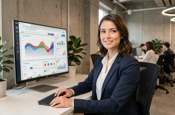 Professionnelle en agence digitale analysant des tableaux de bord web et des métriques de présence en ligne sur un grand écran