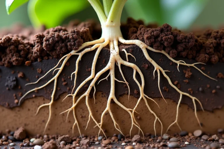 Coupe transversale du sol révélant le système racinaire profond d'un plant de jasmin avec des racines blanches s'étendant dans différentes couches de terre