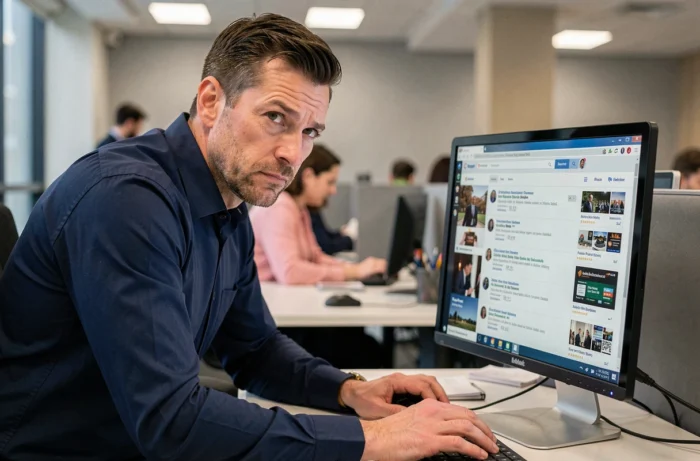 Homme recherchant l'adresse officielle de Padraz sur internet depuis un bureau professionnel