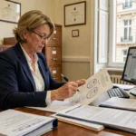 Fonctionnaire senior rédigeant une circulaire administrative dans un bureau officiel français, entourée de documents tamponnés et de dossiers réglementaires