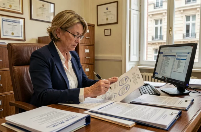 Fonctionnaire senior rédigeant une circulaire administrative dans un bureau officiel français, entourée de documents tamponnés et de dossiers réglementaires