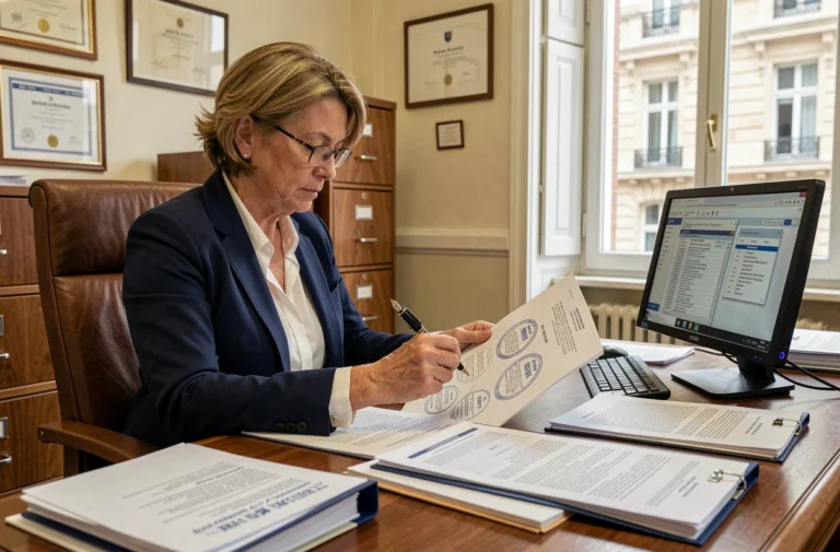 Fonctionnaire senior rédigeant une circulaire administrative dans un bureau officiel français, entourée de documents tamponnés et de dossiers réglementaires