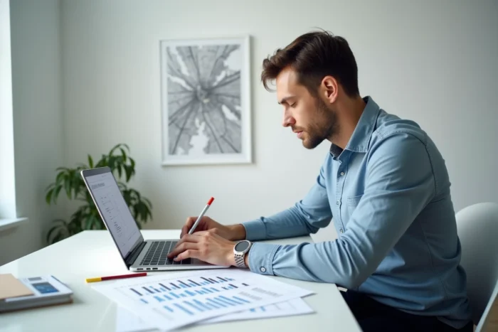 Homme rédigeant un business plan orienté trésorerie avec des tableaux financiers imprimés et un ordinateur portable sur un bureau minimaliste