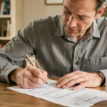 Homme remplissant un certificat de cession moto à une table en bois dans un intérieur français