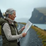 Femme islandaise observant une carte topographique sur un sentier côtier rocheux, illustrant la résilience climatique des pays nordiques en 2050