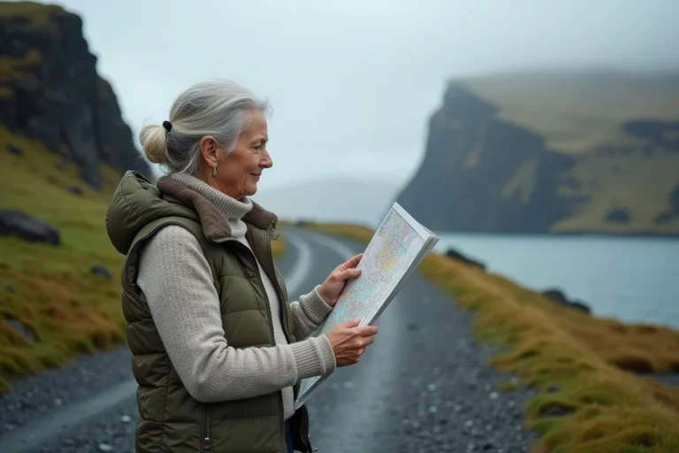 Femme islandaise observant une carte topographique sur un sentier côtier rocheux, illustrant la résilience climatique des pays nordiques en 2050