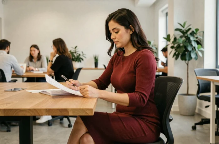 Femme portant une robe midi bordeaux au bureau dans un espace de travail moderne et minimaliste