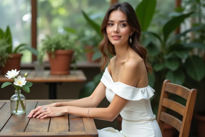 Femme élégante en robe de mariée courte blanche en crêpe assise dans une serre botanique avec plantes tropicales et ambiance naturelle