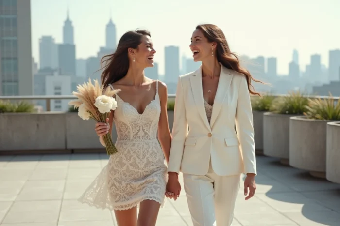 Mariée en robe courte en dentelle et son invitée riant sur une terrasse rooftop contemporaine avec vue sur les toits de la ville