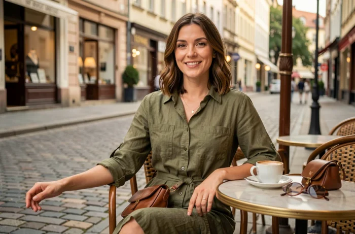 Femme en robe chemise olive ceinturée attablée à une terrasse de café le week-end