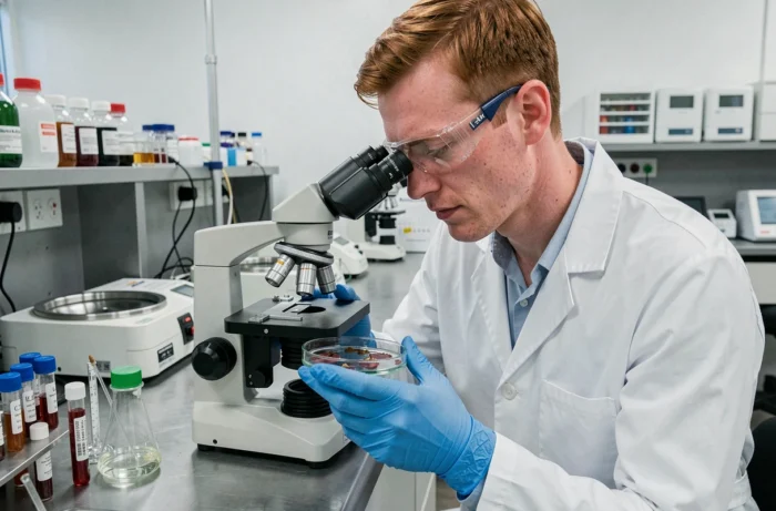 Scientifique examinant des échantillons biologiques au microscope dans un laboratoire de recherche sur la reproduction sexuée