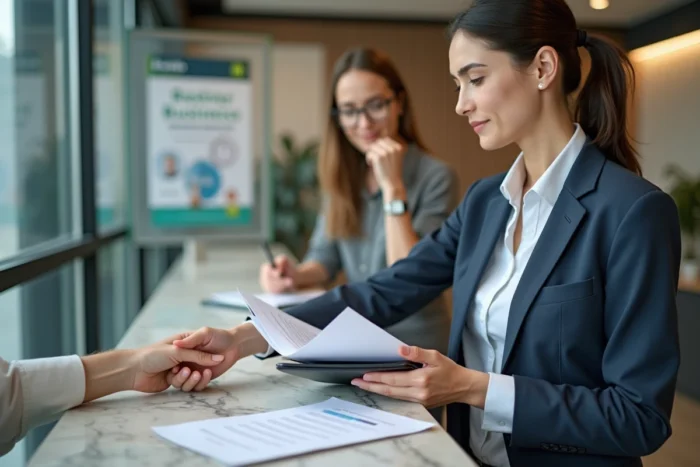 Femme ouvrant un compte bancaire professionnel séparé de ses finances personnelles dans une agence bancaire moderne