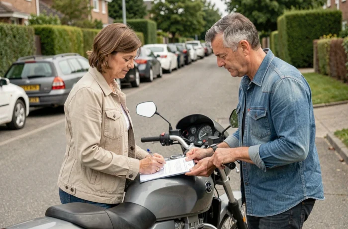 Vendeur et acheteur signant le certificat de cession d'une moto dans la rue