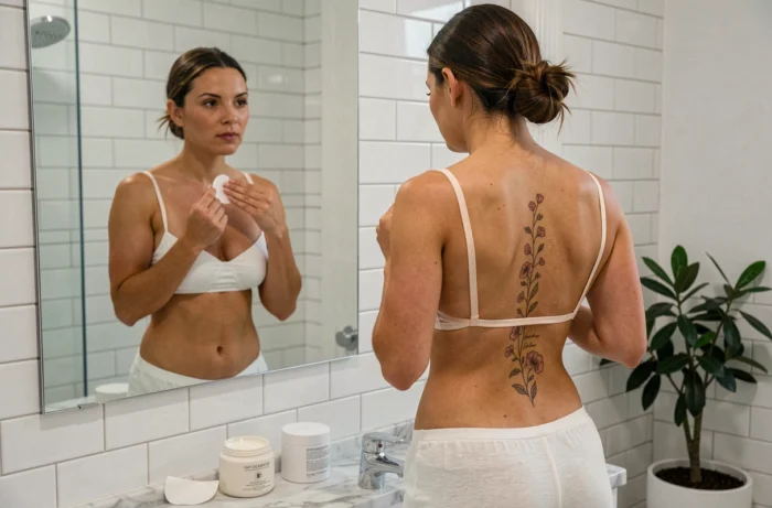 Femme appliquant une crème cicatrisante sur son tatouage de colonne vertébrale devant un miroir de salle de bain