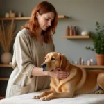 Praticienne en soin énergétique effectuant une séance de reiki sur un golden retriever détendu dans un studio holistique naturel